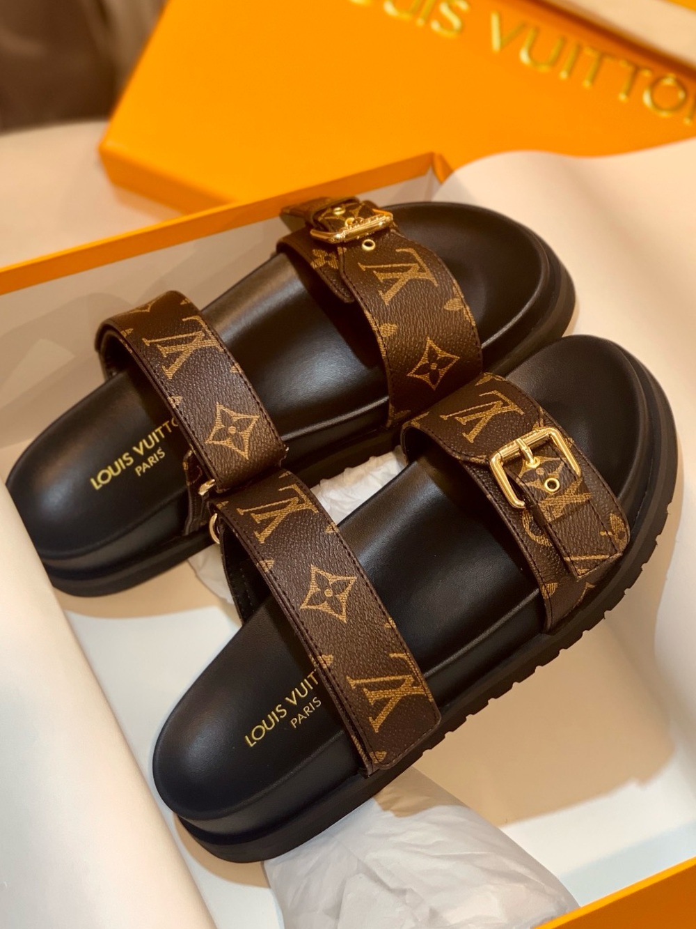 Louis Vuitton Women’s Monogram Canvas Platform Slide Sandals Double Buckle Strap